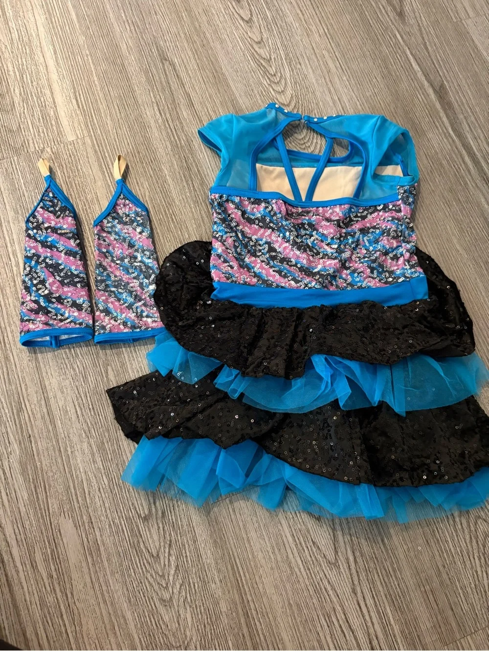 Weissman Turquoise, Black & Pink Sequin Kids Dance Costume with Gloves